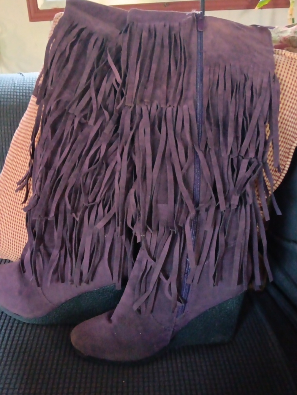 Fringed Suede Wedge Boots - Deep Plum